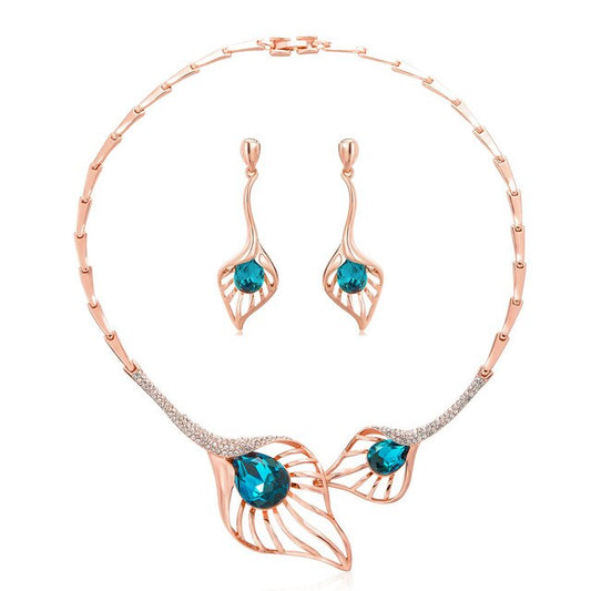 Mermaid Tails Crystal & Rhinestone Rose Gold Necklace & Earrings Jewelry Set