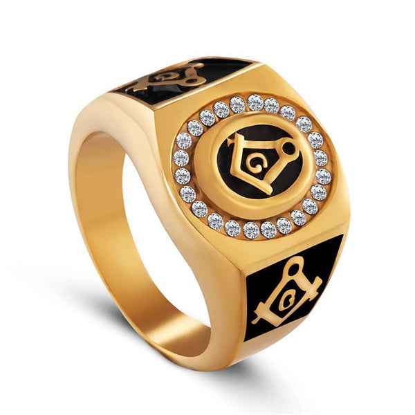 Gold Plated Stainless Steel Masonic Ring with Black Inlay for Men - Innovato Store
