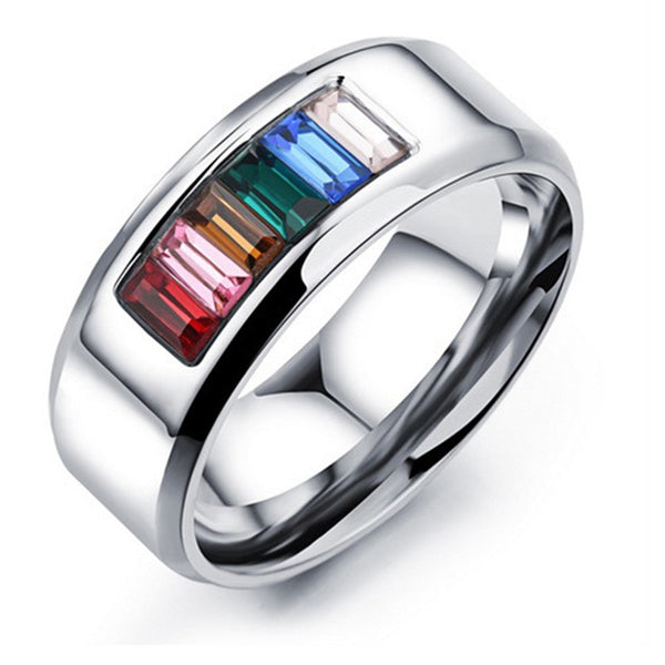 Rainbow Crystals Silver Plated Ring for Men