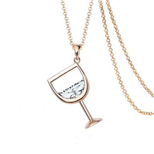 Gold Stainless Steel Wine Glass Clear Cubic Zirconia Pendant Necklace