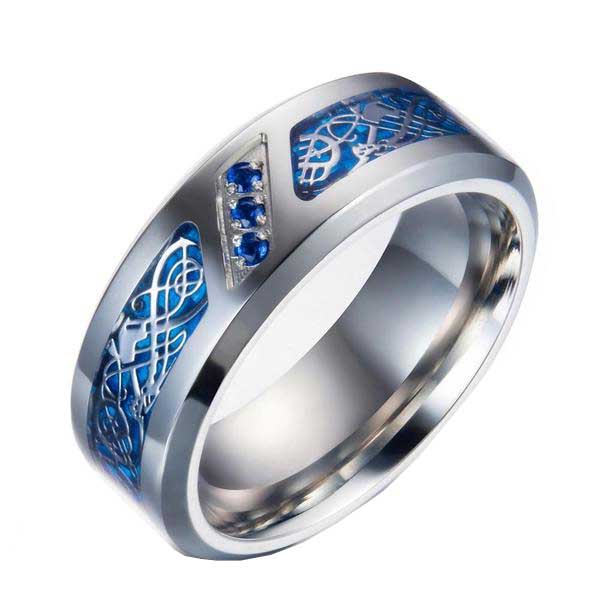Titanium Wedding Band with Carbon Fiber and Blue Cubic Zirconia with Dragon Design and Gem stones