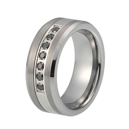 Silver Coated Tungsten Ring with Brushed Matte Surface and Gem Stone Center Insert