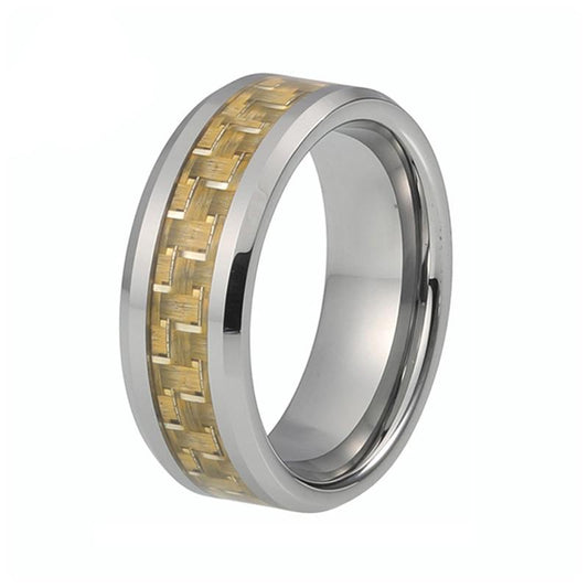 Yellow Carbon Fiber Inlay on Silver Coated Tungsten Carbide Ring