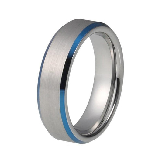 6mm Silver Tungsten Carbide Ring with Silver Brushed Matte Center and Blue Beveled Edges - Innovato Store