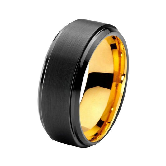 8mm Stepped Brushed Matte Black Tungsten Carbide with Black Edges and Yellow Gold Color Insert Ring - Innovato Store