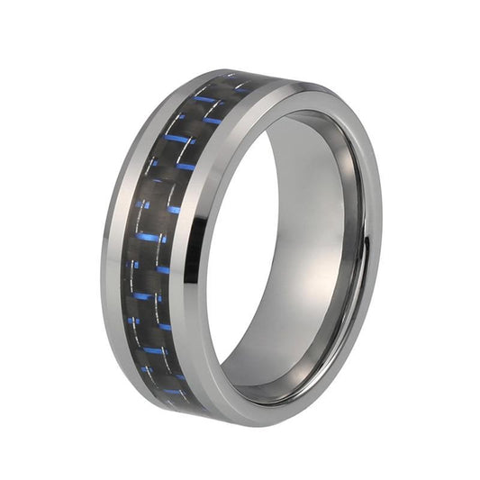 8mm Black and Blue Carbon Fiber Inlay with Silver Coated Tungsten Carbide Ring - Innovato Store