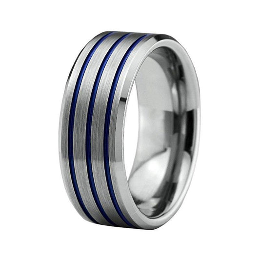 8mm Three Blue Groove with Silver Coated Tungsten Carbide Silver Ring - Innovato Store