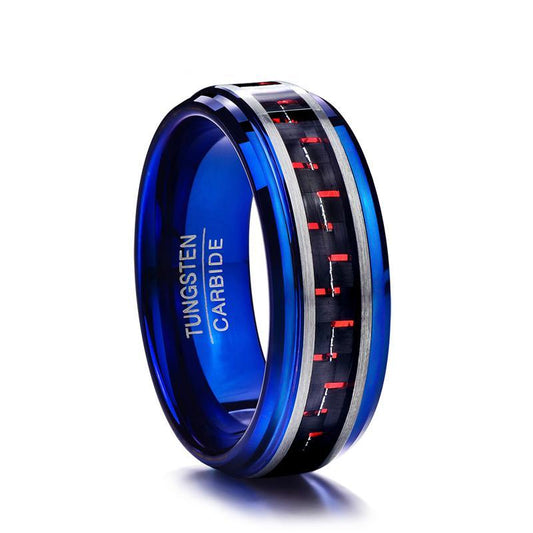 Translucent Blue with Red and Black Carbon Fiber Inlay and Silver Matte Edges Wedding Ring