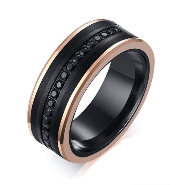 Black Tungsten Carbide with Black Cubic Zirconia Stones and Gold Plated Step Edges Wedding Rings - Innovato Store