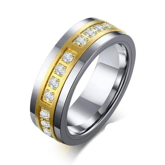 Silver Coated Tungsten Carbide with Gold Center and CZ insert Wedding Ring