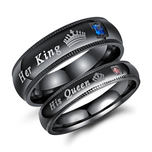 His Queen & Her King Black Stainless Steel Wedding Rings with Blue and Pink CZ Stones - Innovato Store