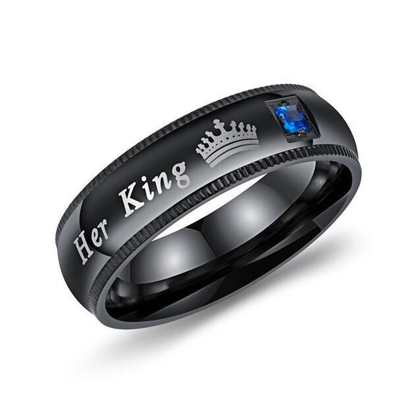 His Queen & Her King Black Stainless Steel Wedding Rings with Blue and Pink CZ Stones - Innovato Store