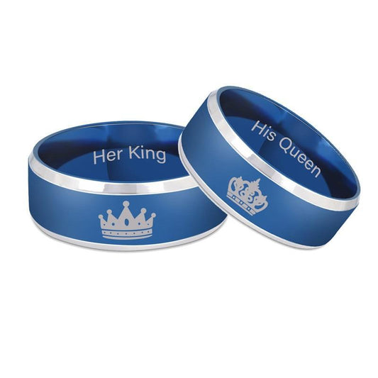 His Queen and Her King Blue Titanium Metal Wedding Ring with Engraved Crown - Innovato Store