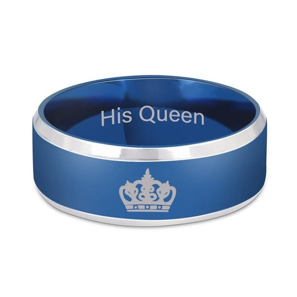 His Queen and Her King Blue Titanium Metal Wedding Ring with Engraved Crown - Innovato Store