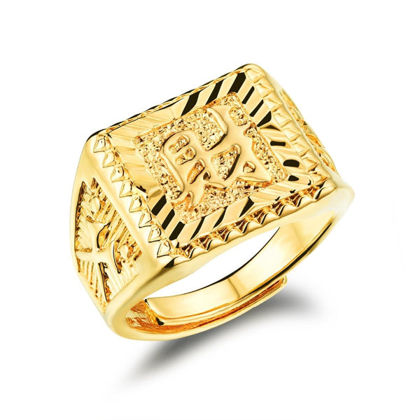 Gold Plated 14mm Ring for Men with Chinese Letter Design on Dome and Sides of the Ring - Innovato Store