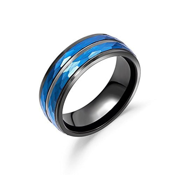 Black Toned 8mm Comfortable Tungsten Ring for Men with Blue Color Plated and Hammered Outside - Innovato Store