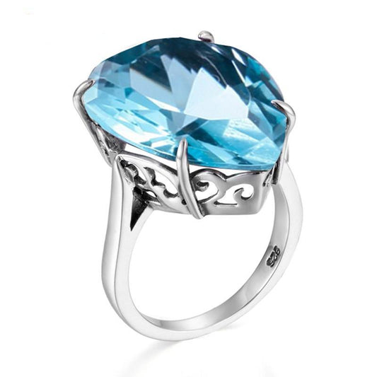 925 Sterling Silver Lake Blue Aquamarine Water Drop Shape Birthstone and Bohemian Hollow Design Women’s Ring - Innovato Store