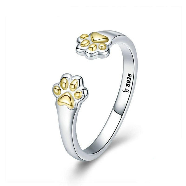 925 Sterling Silver Gold Paw Print Adjustable Ring Women’s Jewelry