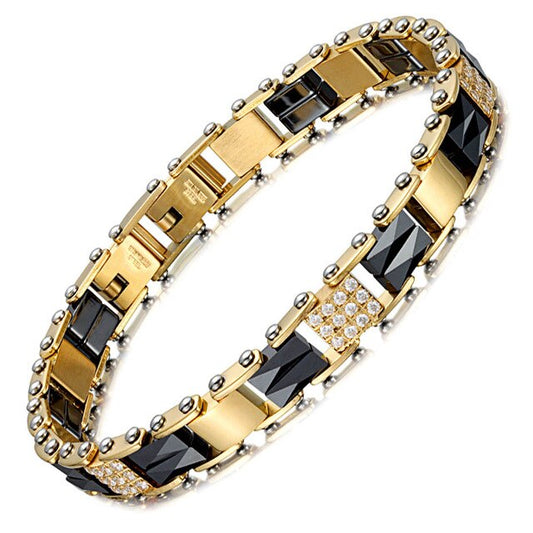 Luxury Gold Plated Magnetic Bracelet with Black Ceramics and Clear Zirconia
