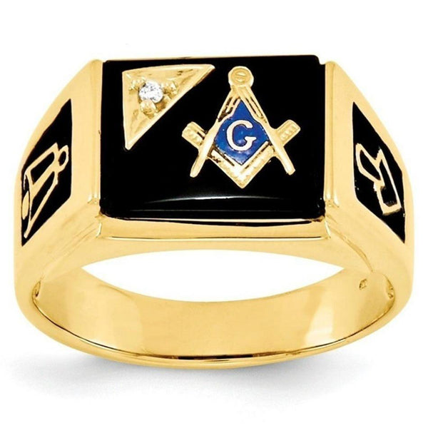 Gold Plated Square Ring for Men with Black Inlay on Face and Sides, Blue Masonic Symbol and One Clear Zircon - Innovato Store