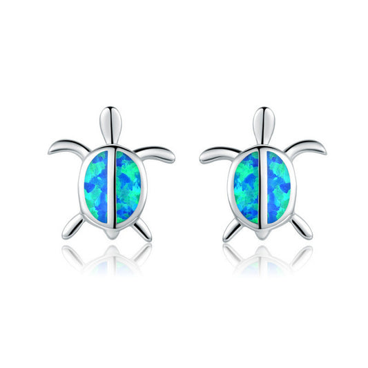 Silver Filled Blue Opal Sea Turtle Stud Earrings Women’s Jewelry