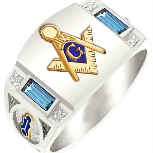 Silver Plated Masonic Ring for Men with Gold Mason Builder Symbol and Two Blue Square Rhinestones