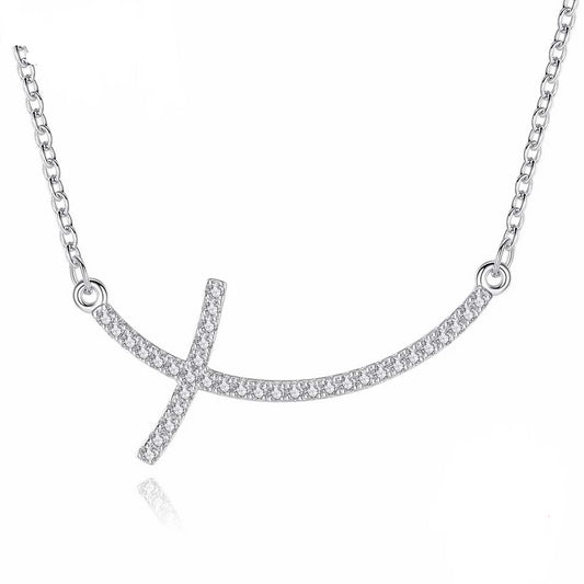 925 Sterling Silver Sideways Cross with Cubic Zirconia Pendant Necklace