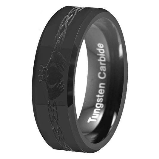 8mm Black Claddagh Tungsten Carbide Wedding Band
