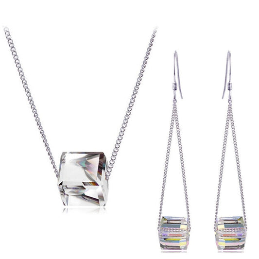 Crystal Cube Necklace & Earrings Jewelry Set