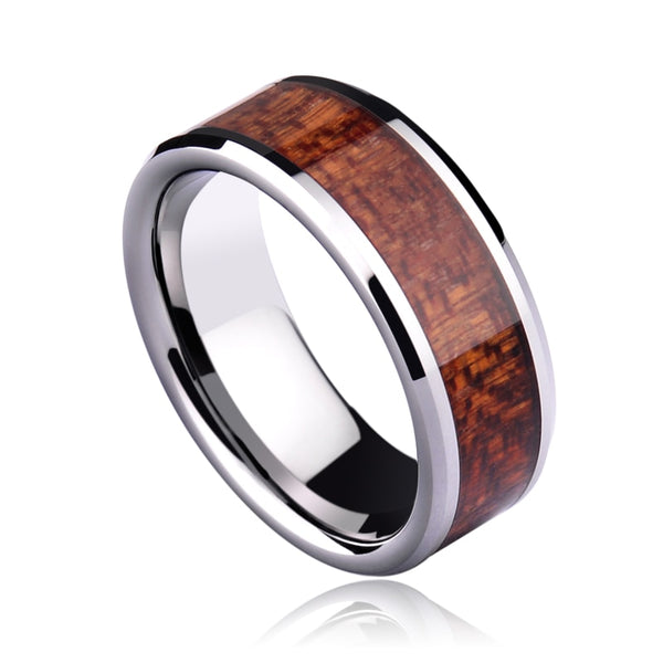 8mm High Polished Tungsten Wedding Ring with Silver Tone Inside and Koa Wood Inlay for Men - Innovato Store
