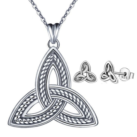 925 Sterling Silver Celtics Trinity Knot Pendant Necklace & Stud Earrings Jewelry Set