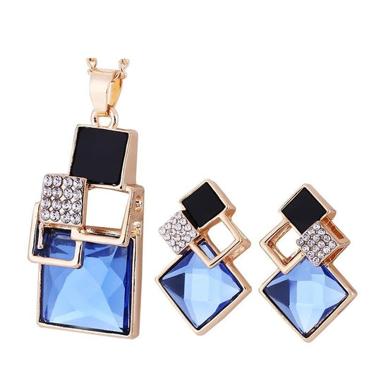 Crystal and Rhinestone Geometric Square Necklace & Stud Earrings Jewelry Set