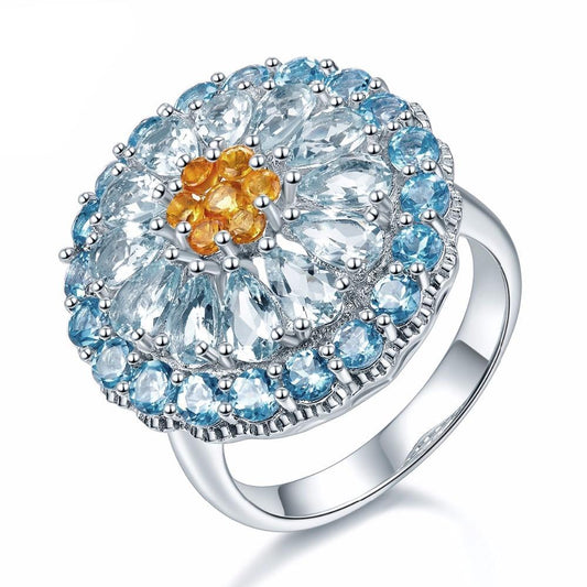 Solid 925 Sterling Silver Aquamarine Blue Cubic Zirconia Topaz Stone Cluster Women’s Wedding Band