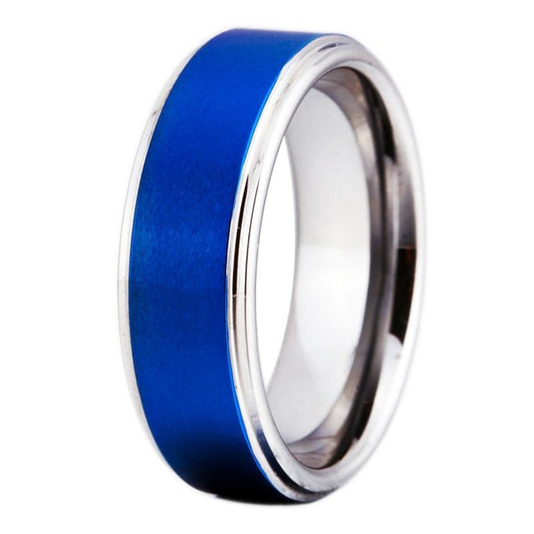 Matte Blue & Silver Tungsten Carbide Wedding Band