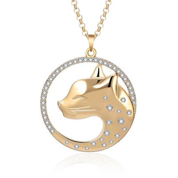 Gold and Silver Cat Pendant Long Statement Necklace