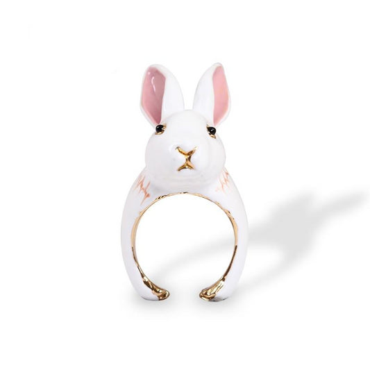 Hand Painted White Gilded Rabbit Ring Fashion Jewelry