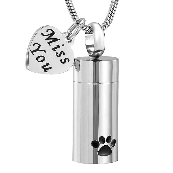 Dog Pet Paw Print Cylinder Cremation Urn Pendant Memorial Necklace