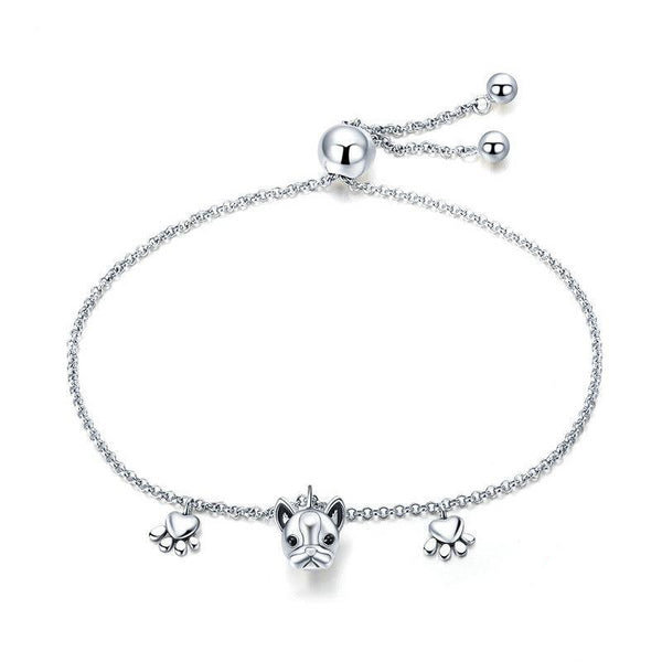 925 Sterling Silver Bulldog with Paw Prints Bracelet Women's Jewelry