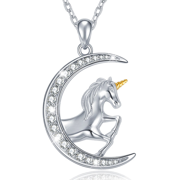 925 Sterling Silver Unicorn on Crescent Moon Pendant Necklace