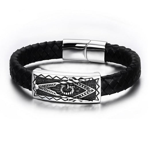 Freemason Stainless Steel in Genuine Black Leather Bracelet