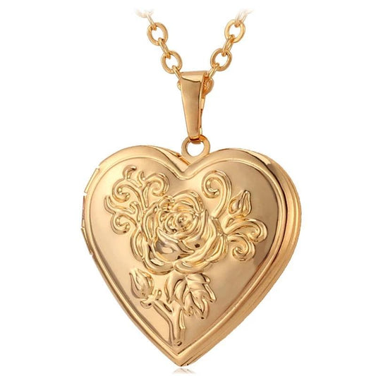 Gold Brass Photo Frame Heart Locket Pendant Necklace