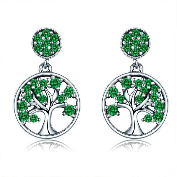 925 Sterling Silver Tree of Life Green Cubic Zirconia Drop Earrings