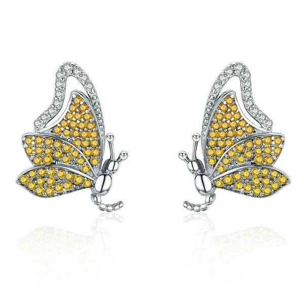 925 Sterling Silver Yellow and White Cubic Zirconia Butterfly Stud Earrings