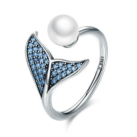 Dolphin Cubic Zirconia and Shell Pearl 925 Sterling Silver Adjustable Ring - Innovato Store