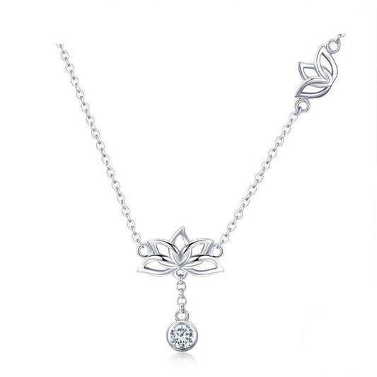 925 Sterling Silver Lotus Flower with Clear Cubic Zircon Pendant Necklace