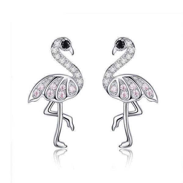 925 Sterling Silver Flamingos with Cubic Zirconia Stud Earrings