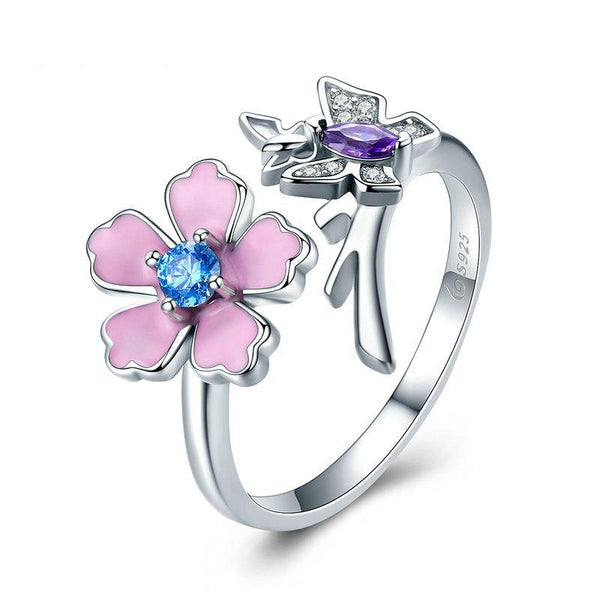 925 Sterling Silver Butterfly and Flower Ring Women’s Jewelry