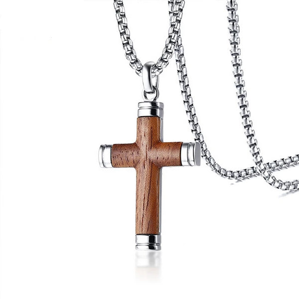 Rosewood Cross Pendant with Stainless Steel Chain Necklace