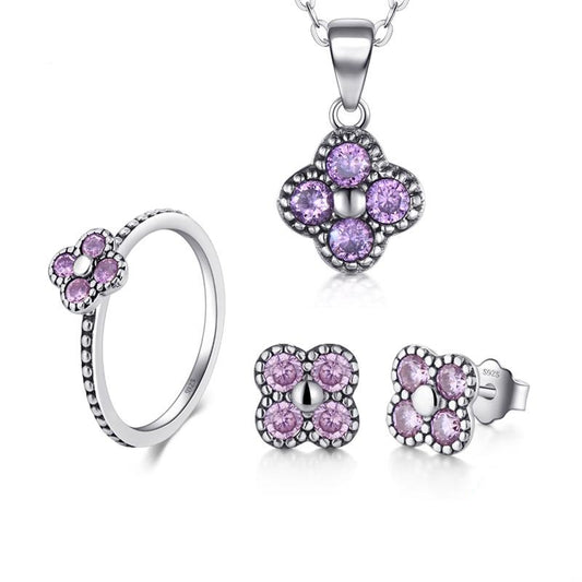 Pink Flower 925 Sterling Silver Necklace, Earrings & Ring Jewelry Set