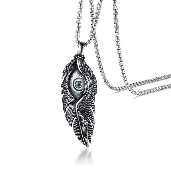Men’s Stainless Steel Feather Evil Eye Pendant Necklace